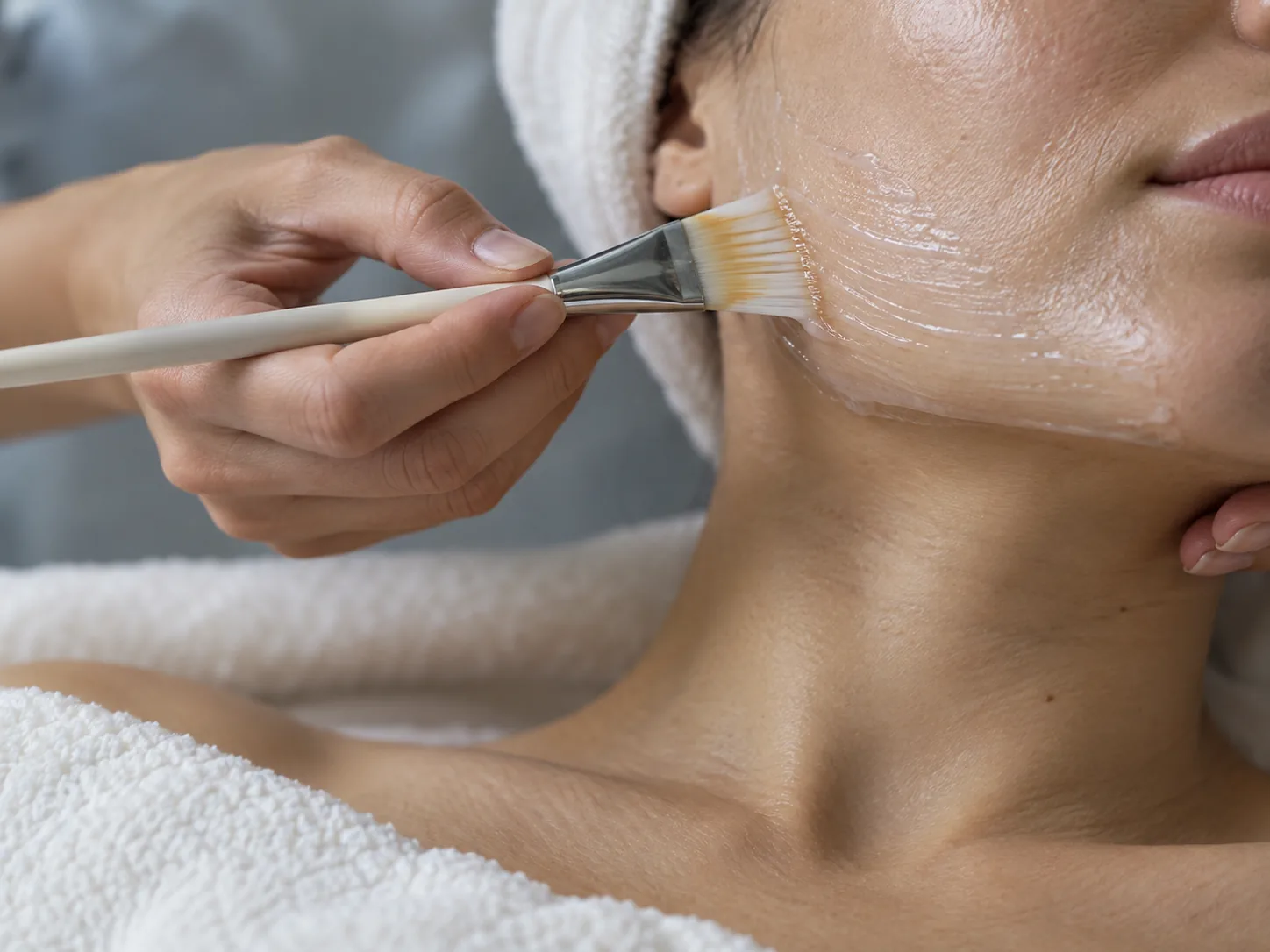 Skincare mask being applied with a brush.