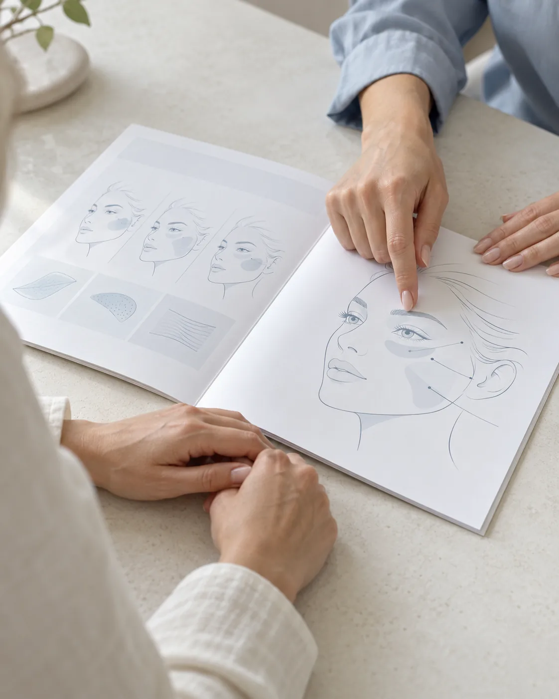 Hands reviewing a facial treatment guide during a consultation.
