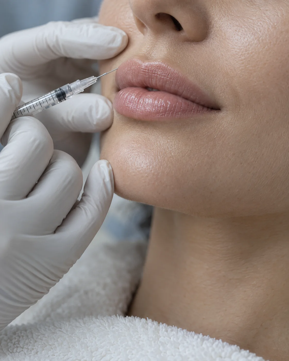 Gloved hands holding a fine syringe beside a client’s lips