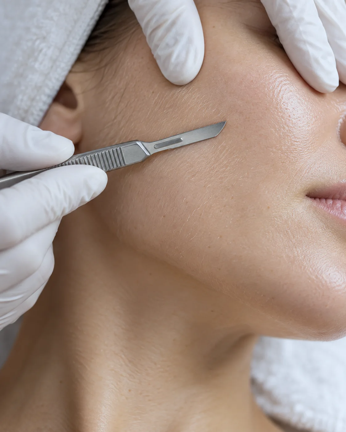 A gloved hand holding a fine blade against a client’s cheek during dermaplaning