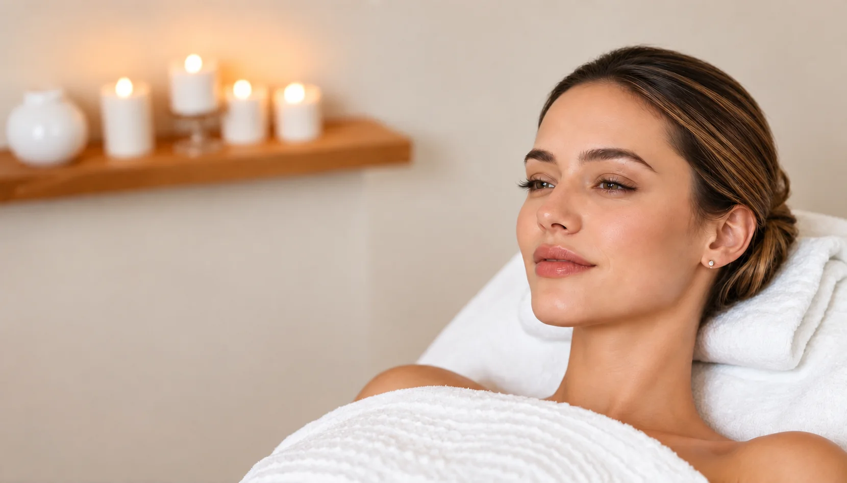 Woman relaxing on a treatment bed beneath a soft white towel, candles glowing on a shelf behind her