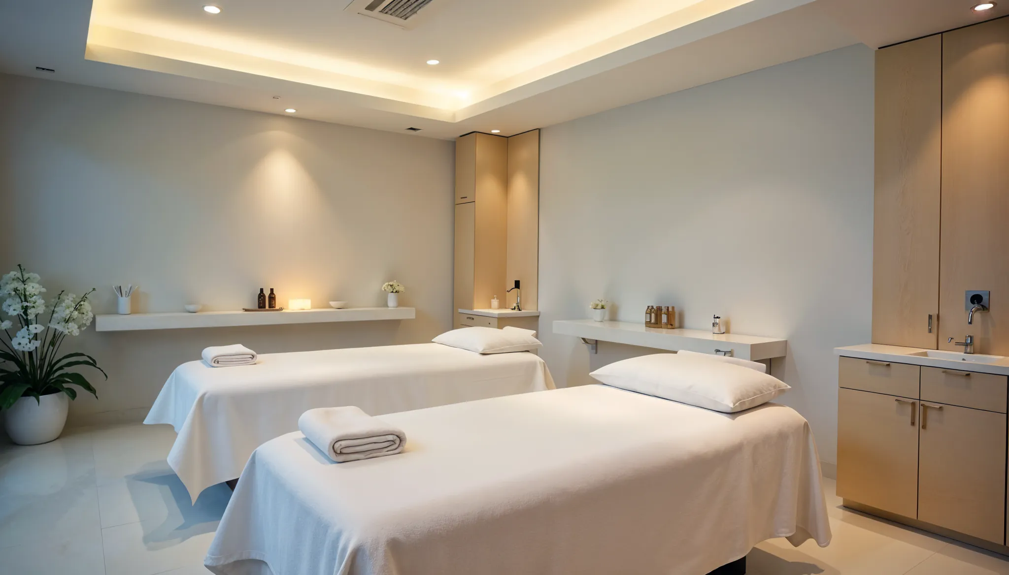 A calm treatment room with two made-up beds, warm recessed lighting and white orchids