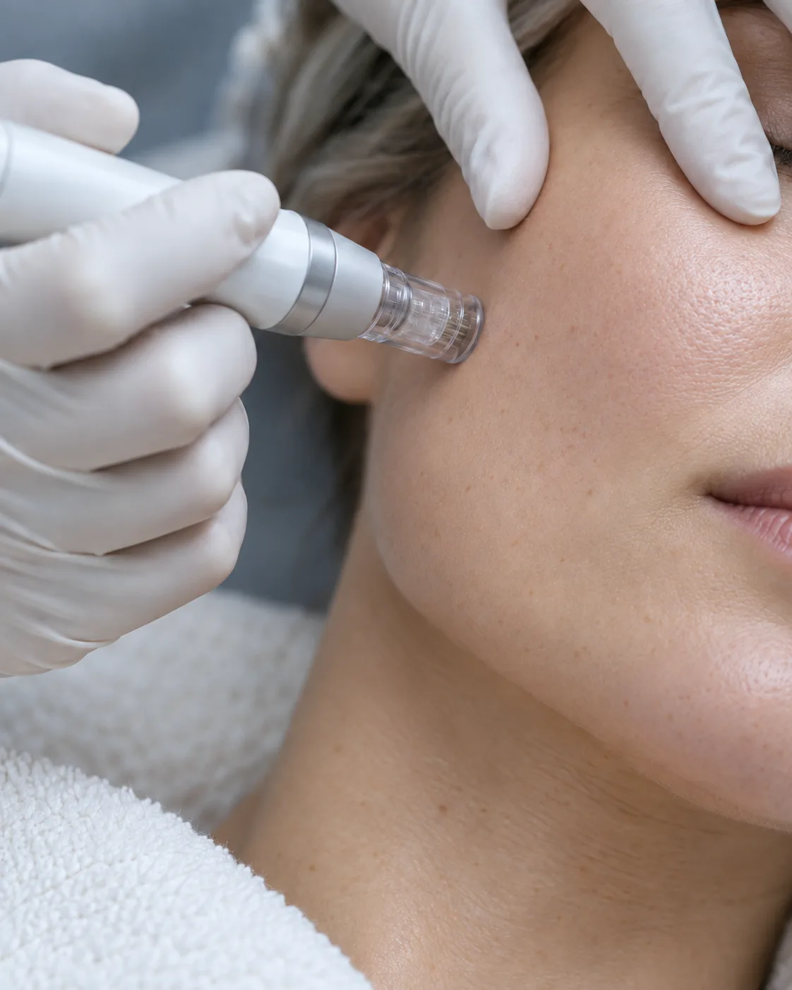 Gloved hands holding a microneedling pen to a client’s cheek