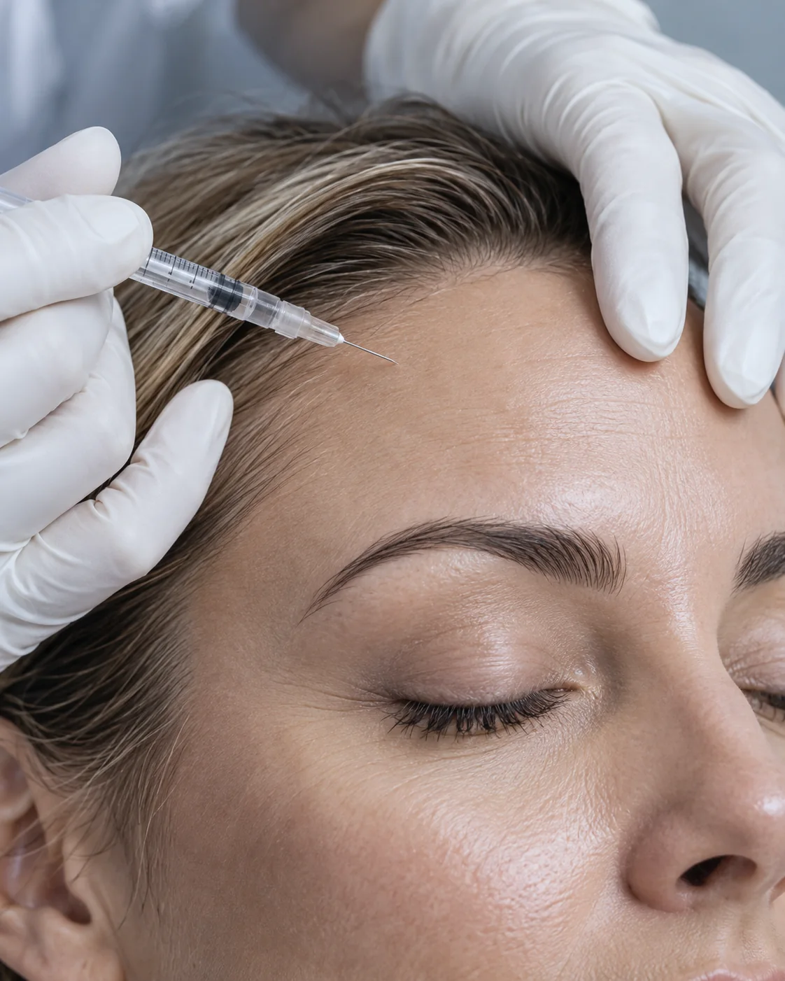 Gloved hands holding a fine syringe near a client’s hairline at the forehead