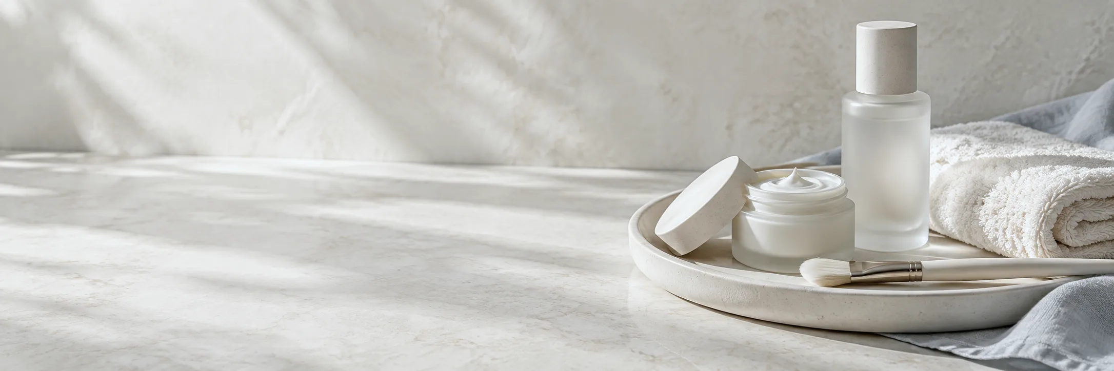 Skincare jar, bottle and brush on a stone tray beside a folded towel
