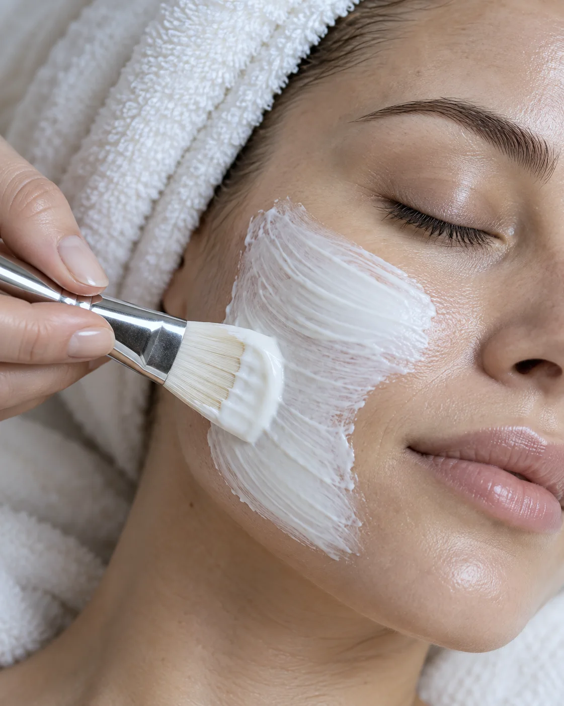A brush applying a thick white mask to a woman’s cheek, her hair wrapped in a towel