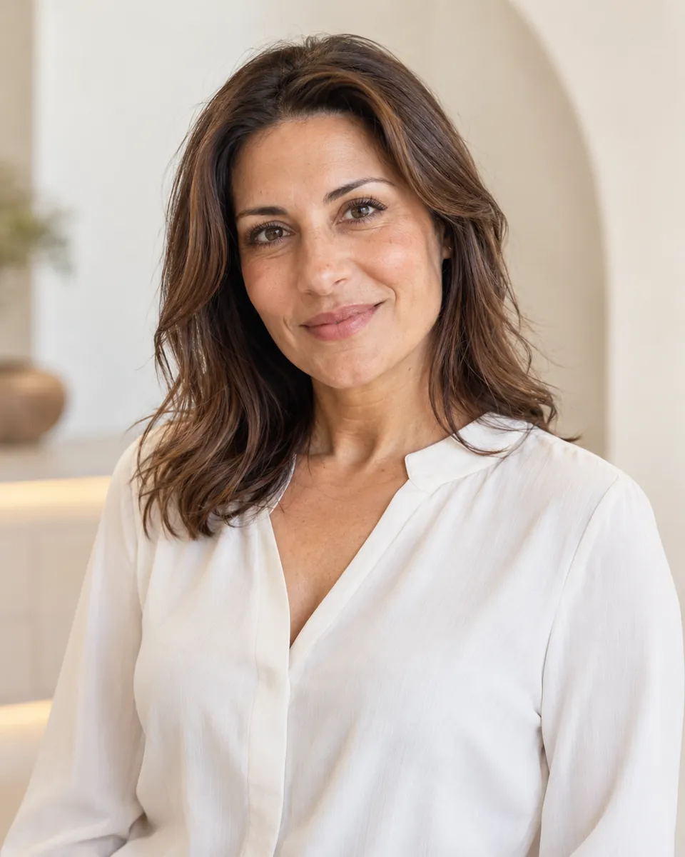 Illustrative portrait of a smiling woman with dark wavy hair in an ivory blouse, in a warm, softly lit interior