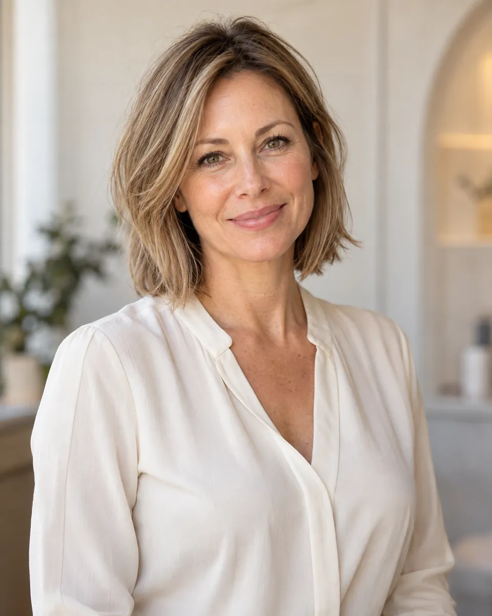 Illustrative portrait of a smiling woman with a blonde bob in an ivory blouse, in a warm, softly lit interior